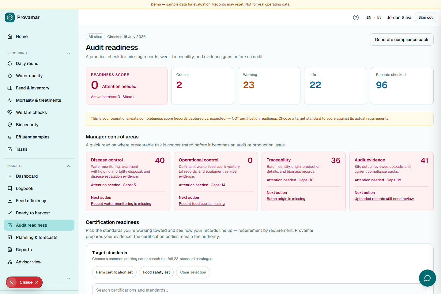 Provamar audit readiness page showing records checked, evidence gaps, and an explicit certification-readiness disclaimer.