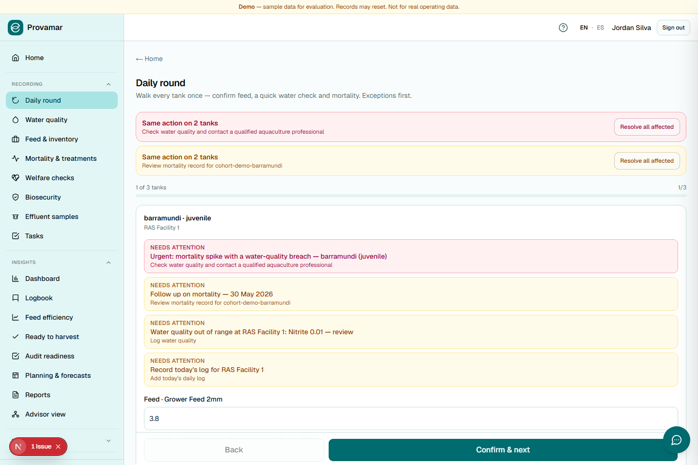 Provamar daily round showing tank-level exceptions, feed entry, progress, and a confirm-and-next action.